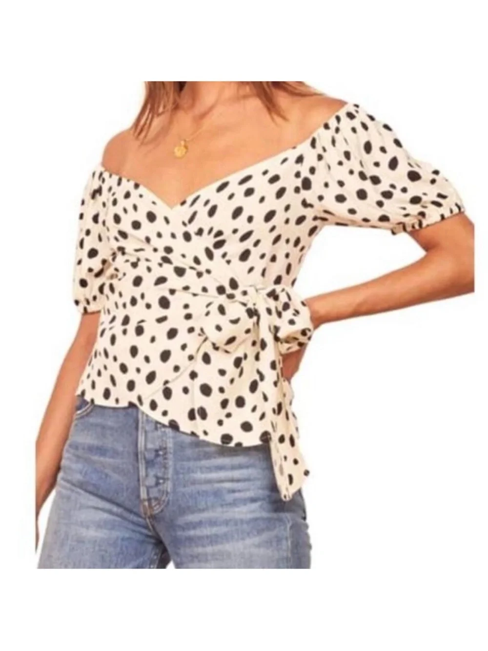 Reformation Cream and Black Polka Dot Off-Shoulder Tie Top